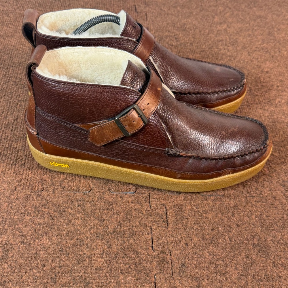 LL Bean Shearling Lined Monk Strap Chukka Boots Mens 12 D Brown Leather Vibram